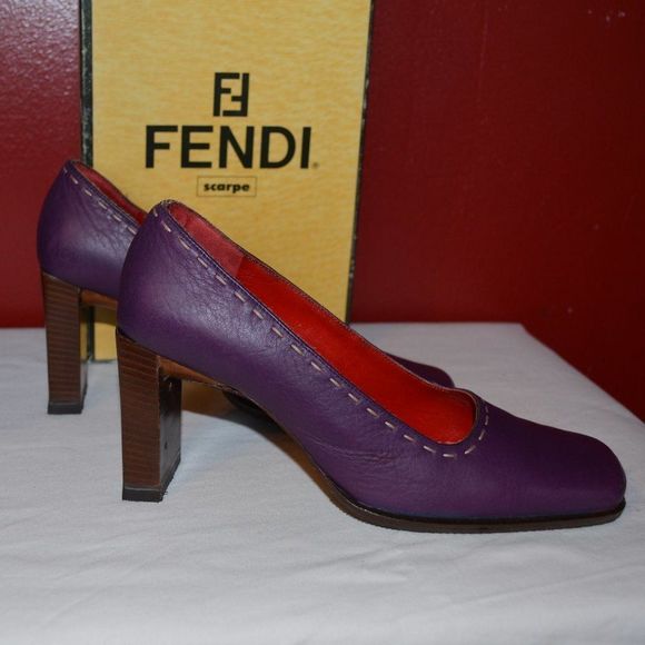 Fendi Vintage Purple Leather Block Heel Pumps – Square Toe - Picture 12 of 14